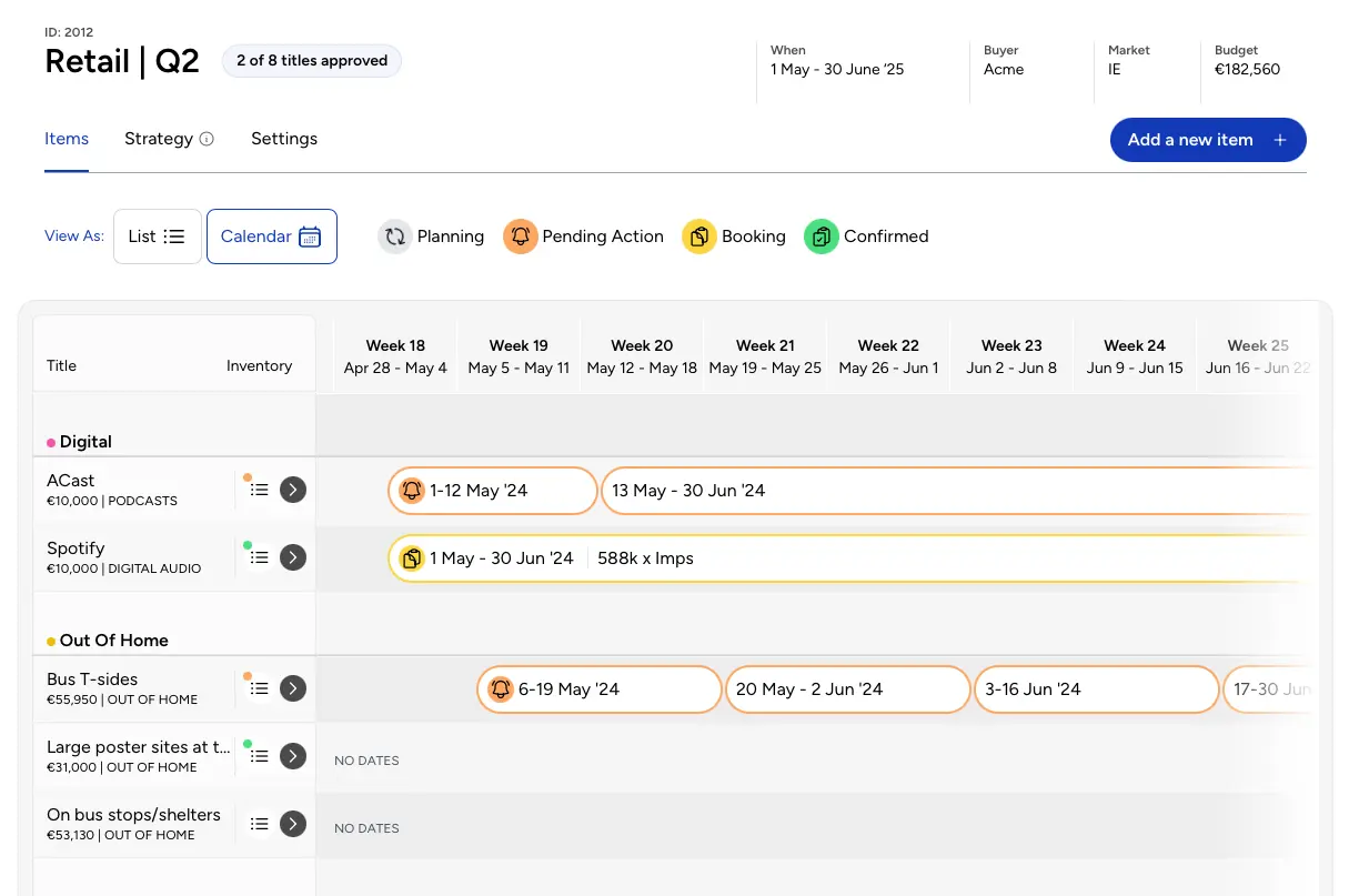 Calendar view of plan items